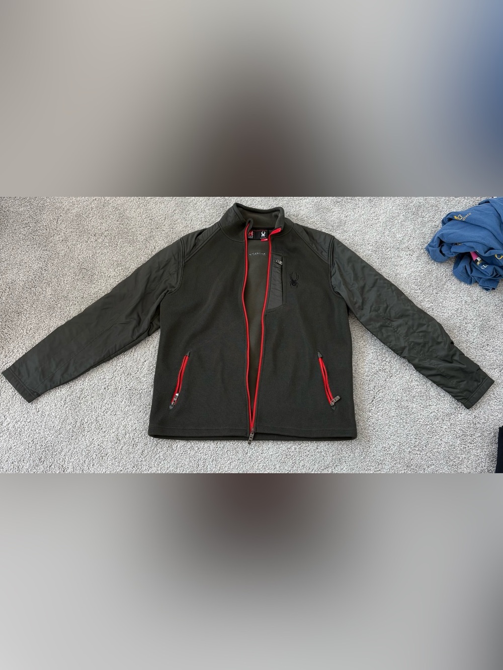 Spyder Men's Soft-Shell Dark Green Jacket with Red Zip Accents